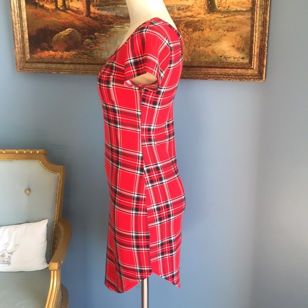 Red plaid short sleeves asymmetric scoop neck bodycon mini dress size S preppy - Picture 2 of 7